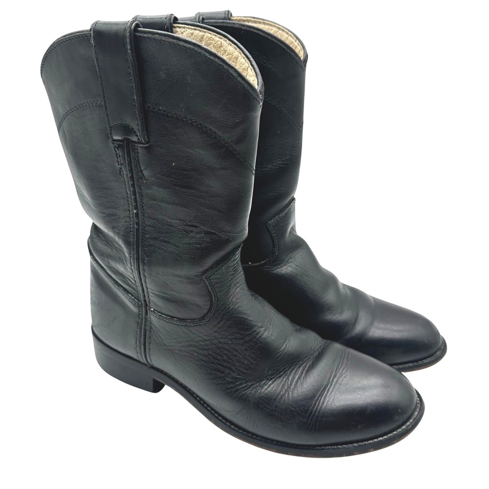 Justin Boys Kids Black Leather Western Cowboy Roper Boots Size 2.5 D